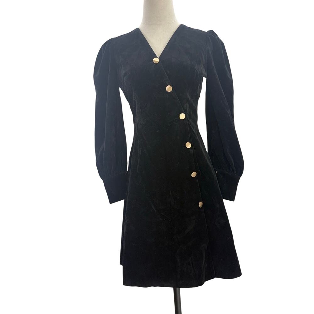 LEP Black Velvet Mini Dress Women's Medium Puff Sleeve Gold Button Back Zip Y2K
